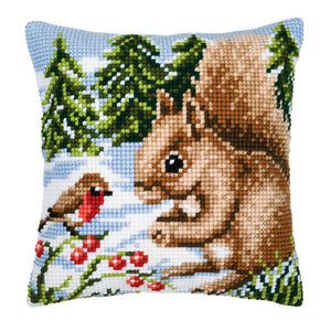 Cushion ~ Cross Stitch Kit ~ Winter Scene Squirrel and Robin