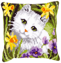 Load image into Gallery viewer, Cushion Cross Stitch Kit ~ White Cat in Daffodils