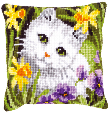 Cushion Cross Stitch Kit ~ White Cat in Daffodils