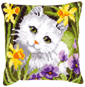 Cushion Cross Stitch Kit ~ White Cat in Daffodils