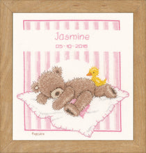 Load image into Gallery viewer, Counted Cross Stitch Kit ~ Birth Record ~ Popcorn Bear &amp; Soufflé Duck