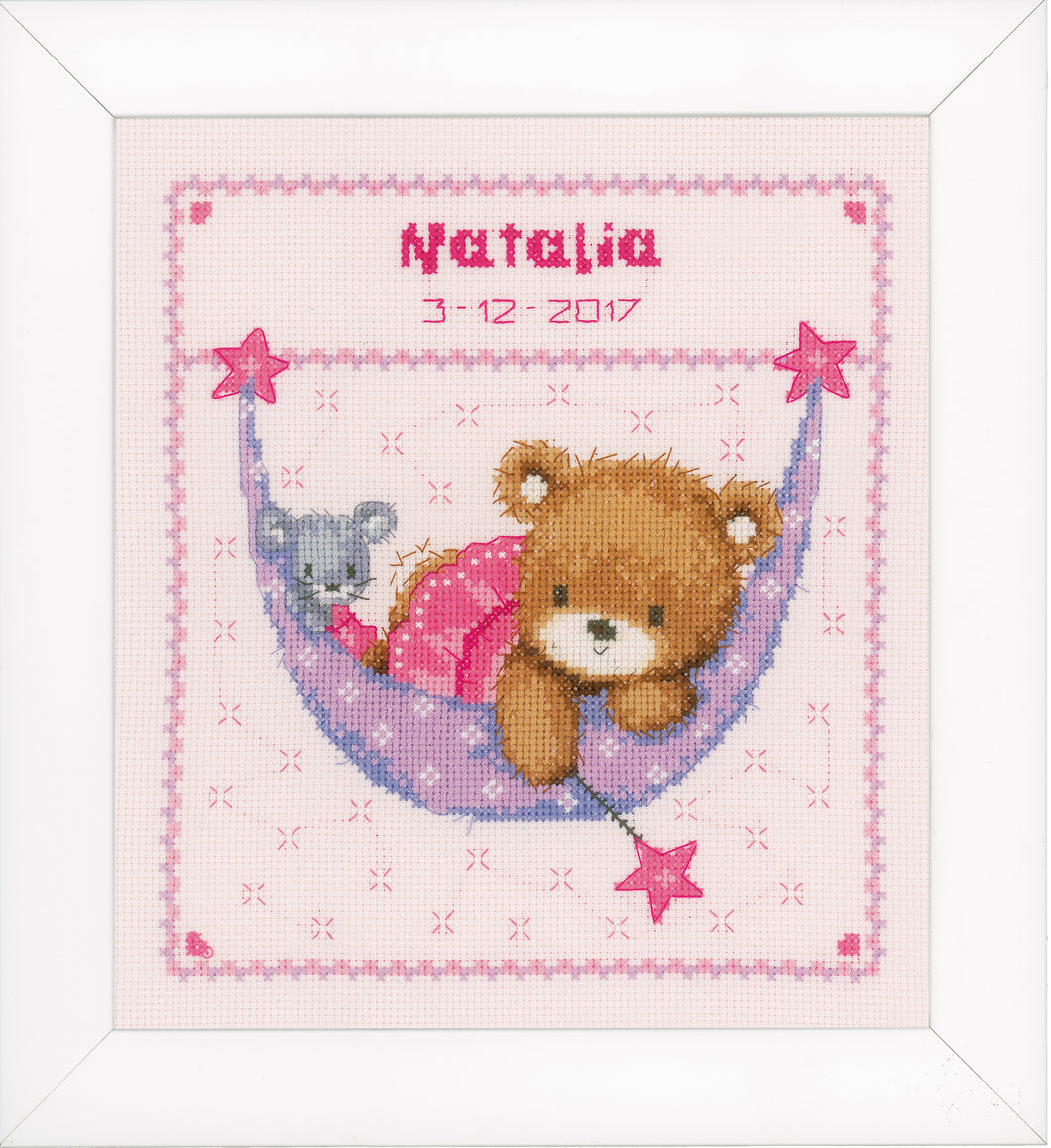 Counted Cross Stitch Kit ~ Birth Record ~ Little Bear in Hammock (Pink)