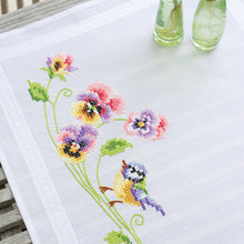 Load image into Gallery viewer, Table Runner Embroidery Kit ~ Bird &amp; Pansies