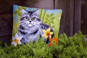 Cushion Cross Stitch Kit ~ Cat Between Flowers