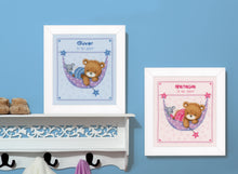 Load image into Gallery viewer, Birth Record Counted Cross Stitch Kit ~ Little Bear in Hammock (Blue)