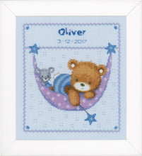 Load image into Gallery viewer, Birth Record Counted Cross Stitch Kit ~ Little Bear in Hammock (Blue)