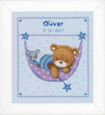 Birth Record Counted Cross Stitch Kit ~ Little Bear in Hammock (Blue)