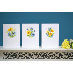 Card Counted Cross Stitch Kit ~ Blue & Yellow Flowers Set of 3