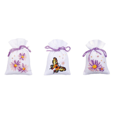 Gift Bags Counted Cross Stitch Kit ~ Purple Astors Set of 3