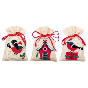Gift Bags Counted Cross Stitch Kit ~ Christmas Bird and House Set of 3