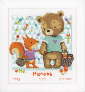 Birth Record Counted Cross Stitch Kit ~ Bear and Squirrel