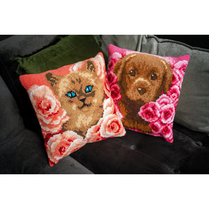 Cushion Cross Stitch Kit ~ Puppy Between Roses
