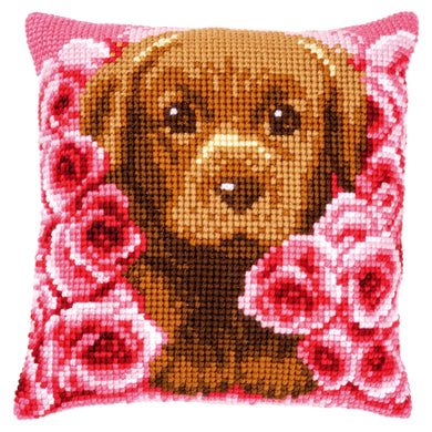 Cushion Cross Stitch Kit ~ Puppy Between Roses