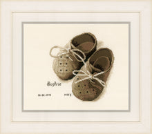Load image into Gallery viewer, Birth Record Counted Cross Stitch Kit ~ First Shoes