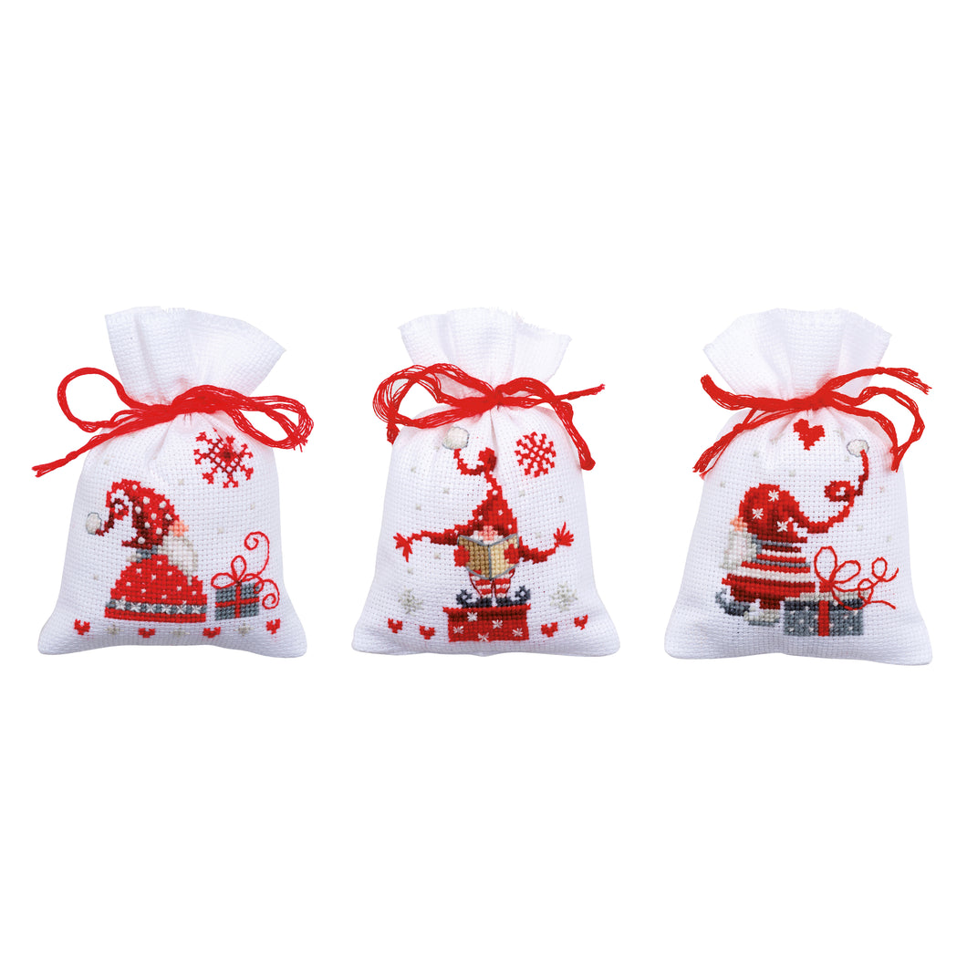 Gift Bags Counted Cross Stitch Kit ~ Christmas Gnomes Set of 3