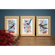 Load image into Gallery viewer, Counted Cross Stitch Kit ~ Long-Tailed Tits &amp; Red Berries Set of 3