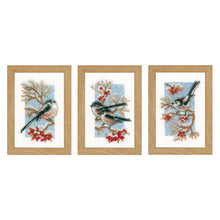Load image into Gallery viewer, Counted Cross Stitch Kit ~ Long-Tailed Tits &amp; Red Berries Set of 3
