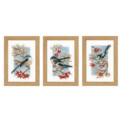 Counted Cross Stitch Kit ~ Long-Tailed Tits & Red Berries Set of 3
