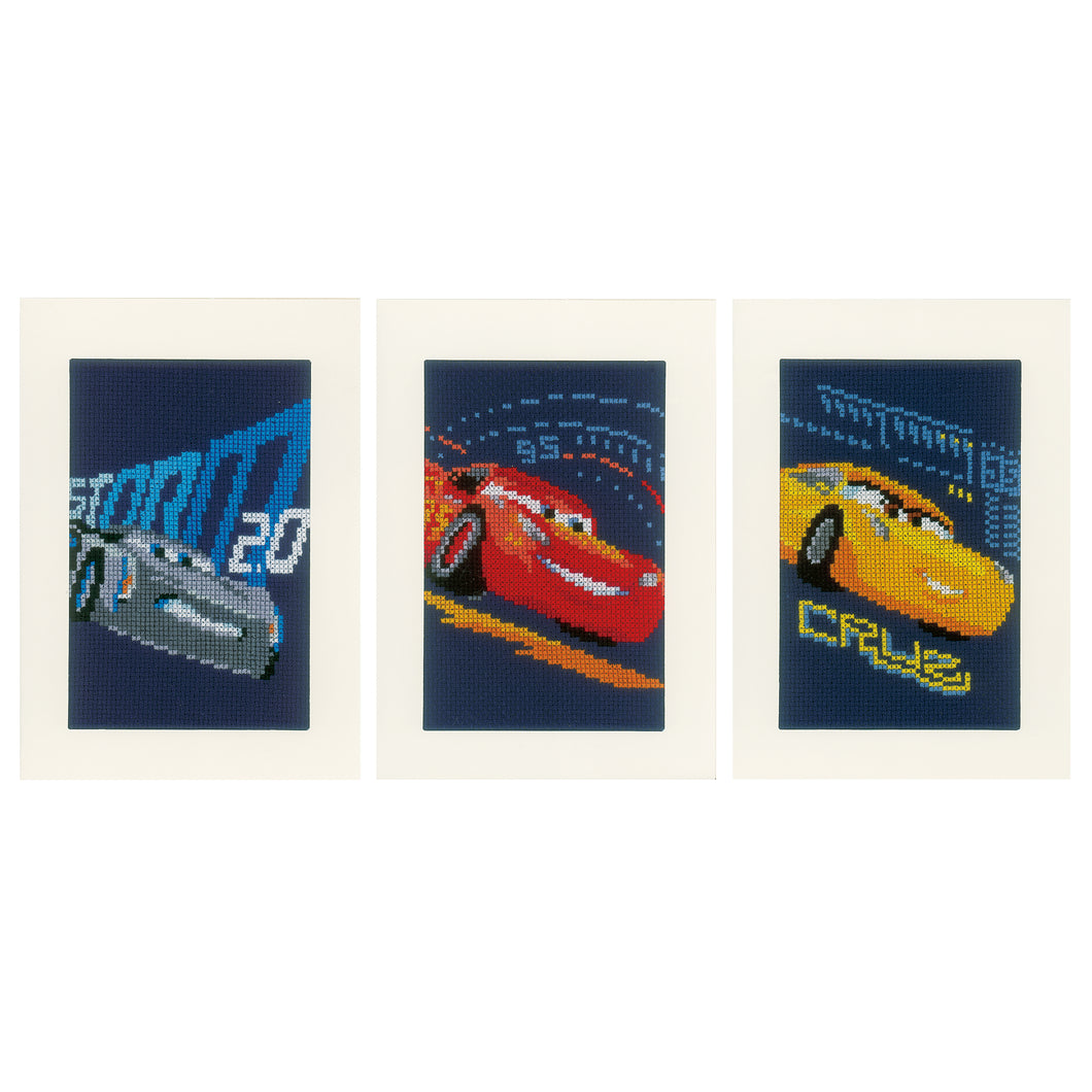 Greetings Cards Counted Cross Stitch Kit ~ Disney Cars Screeching Tyres  Set of 3