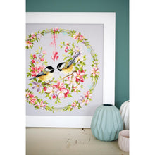 Load image into Gallery viewer, Counted Cross Stitch Kit ~ Great Tits in Flower Wreath