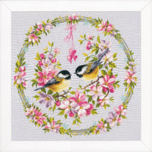 Load image into Gallery viewer, Counted Cross Stitch Kit ~ Great Tits in Flower Wreath