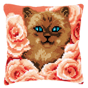 Cushion Cross Stitch Kit ~ Kitten Between Roses