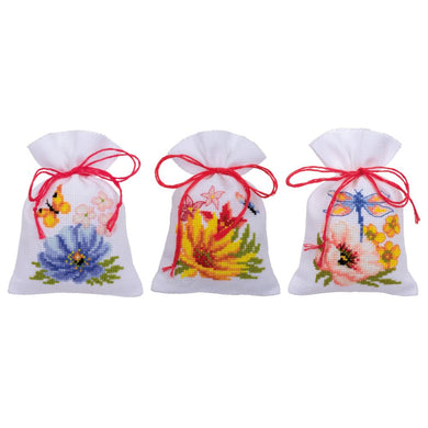 Counted Cross Stitch Kit Gift Bags ~ Colourful Flowers Set of 3