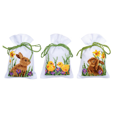 Counted Cross Stitch Kit ~ Gift Bags Rabbits with Chicks Set of 3