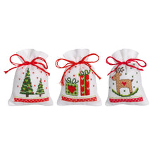 Load image into Gallery viewer, Counted Cross Stitch Kit Draw String Gift Bags ~ Christmas figures Set of 3