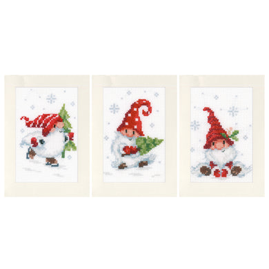 Greeting Card Counted Cross Stitch Kit ~ Christmas Gnomes Set of 3