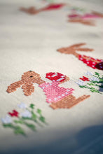 Load image into Gallery viewer, Tablecloth Embroidery Kit ~ Easter Rabbits in Tulip Garden