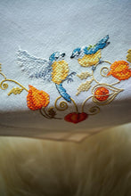 Load image into Gallery viewer, Tablecloth Embroidery Kit ~ Chickadees with Cape Gooseberry