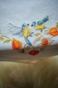 Tablecloth Embroidery Kit ~ Chickadees with Cape Gooseberry