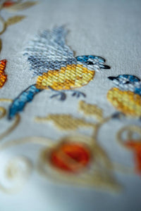 Tablecloth Embroidery Kit ~ Chickadees with Cape Gooseberry