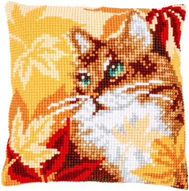 Cushion Cross Stitch Kit ~ Cat with Autumn Leaves