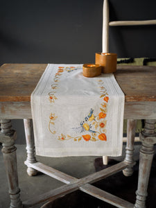 Table Runner Embroidery Kit ~ Chickadees with Cape Gooseberry