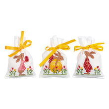 Load image into Gallery viewer, Counted Cross Stitch Kit Draw String Gift Bags ~ Easter Rabbits in Tulip Garden Set of 3
