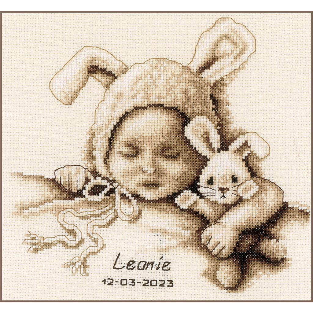 Baby and Cuddly Rabbit Birth Record Cross Stitch Kit