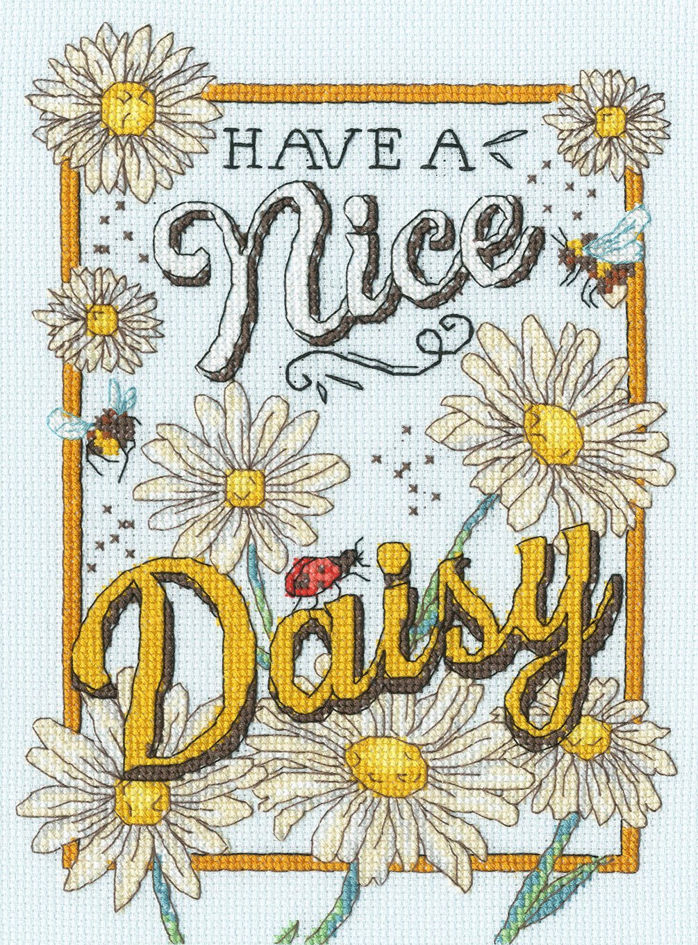 Nice Daisy Cross Stitch Kit with 14 count ice blue Aida and cotton threads