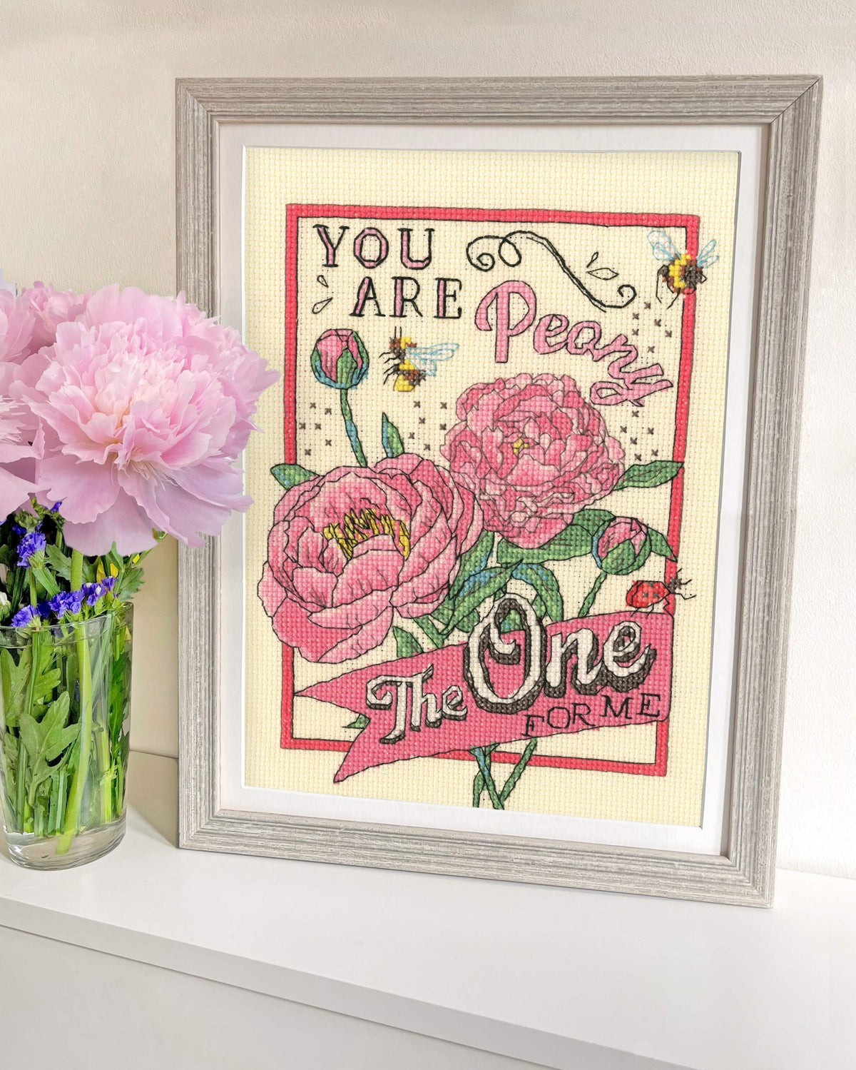 Peony The One Cross Stitch Kit with 14 count cream Aida fabric and pre-sorted cotton threads