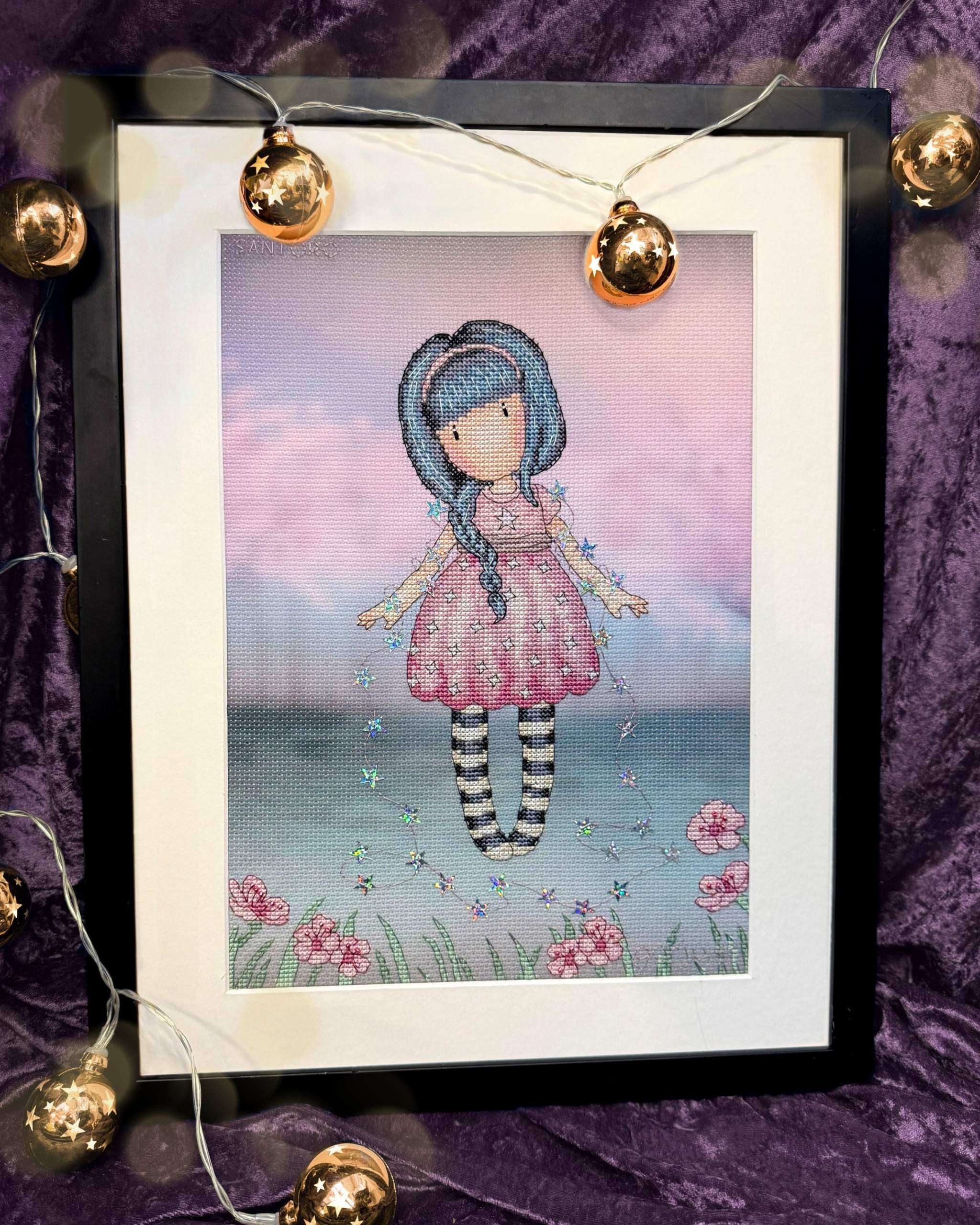 Fairy Dusk Gorjuss cross stitch kit with 14 count Aida, metallic thread, beads, and sequins