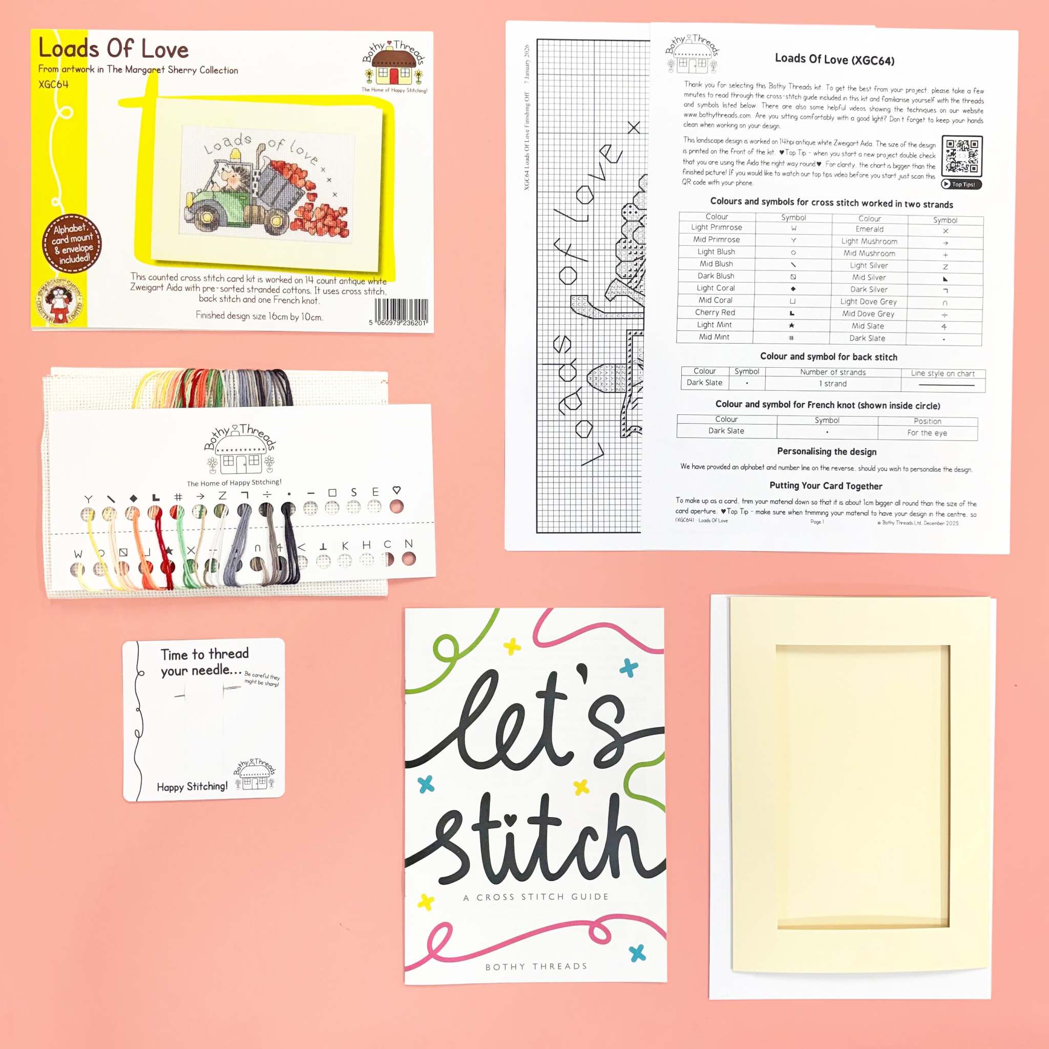 Loads Of Love greeting card cross stitch kit with 14 count antique white Aida and alphabet personalization