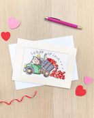 Loads Of Love greeting card cross stitch kit with antique white Aida, cottons, needle, instructions, and personalization options