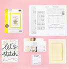 Little lamb greeting card cross stitch kit with 16 count antique white Aida fabric and personalized alphabet design
