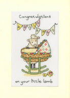 Little Lamb greeting card cross stitch kit with 16 count Aida, stranded cottons, needle, instructions, and envelope
