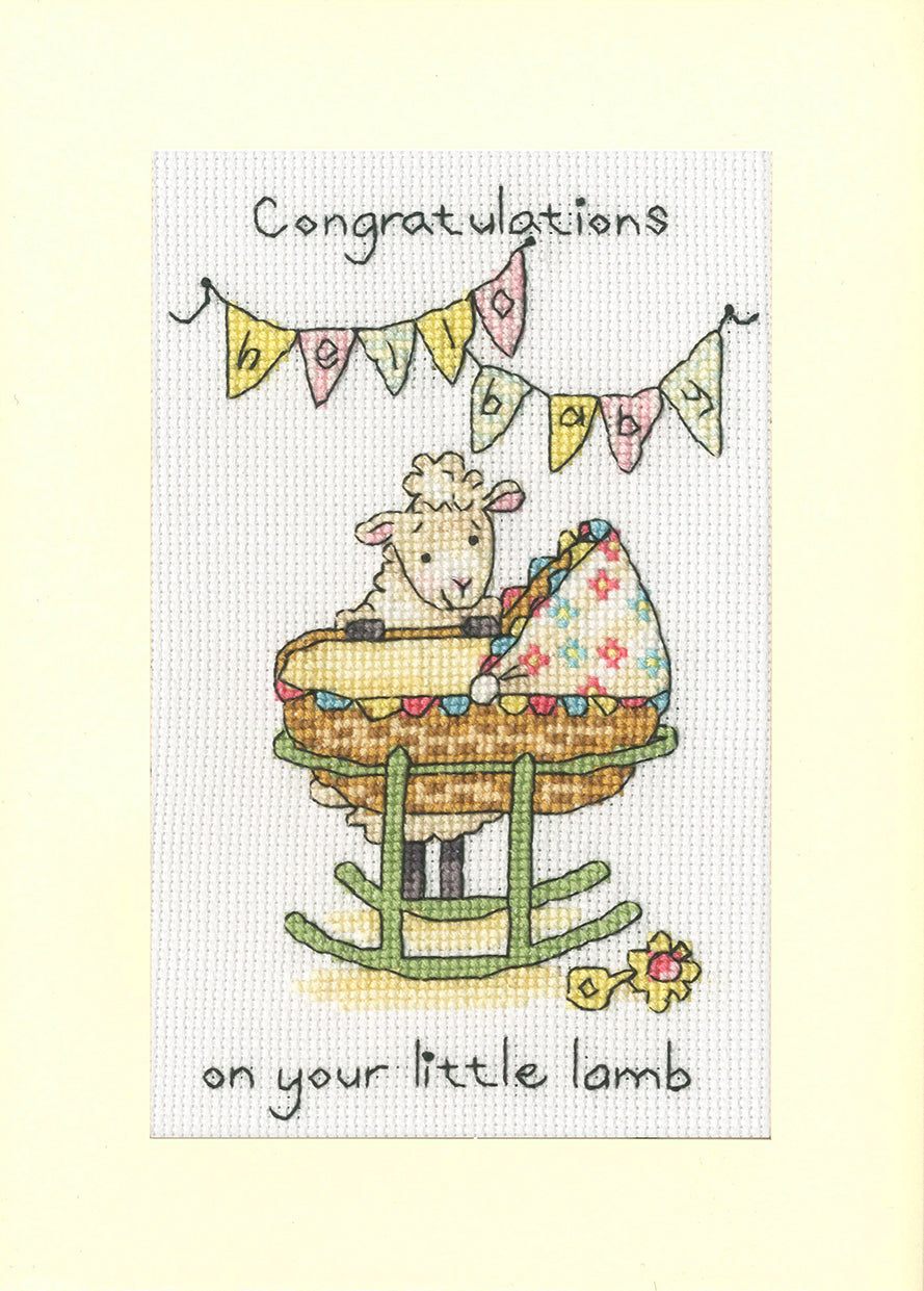 Little Lamb greeting card cross stitch kit with 16 count Aida, stranded cottons, needle, instructions, and envelope