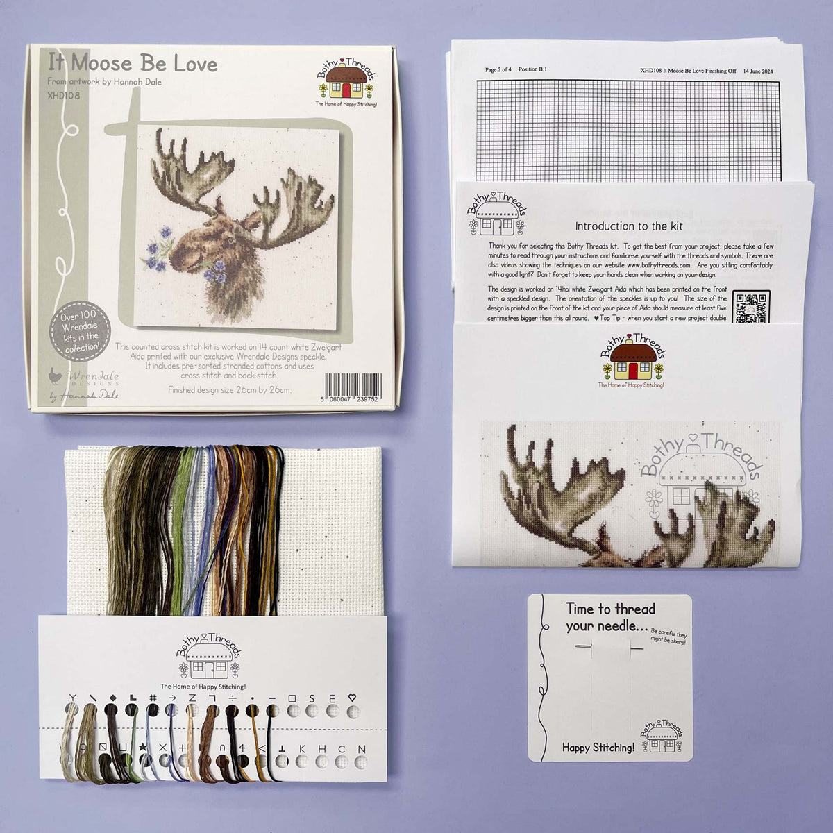 Bothy Threads It Moose Be Love cross stitch kit with Wrendale Speckle Aida fabric and needlework supplies