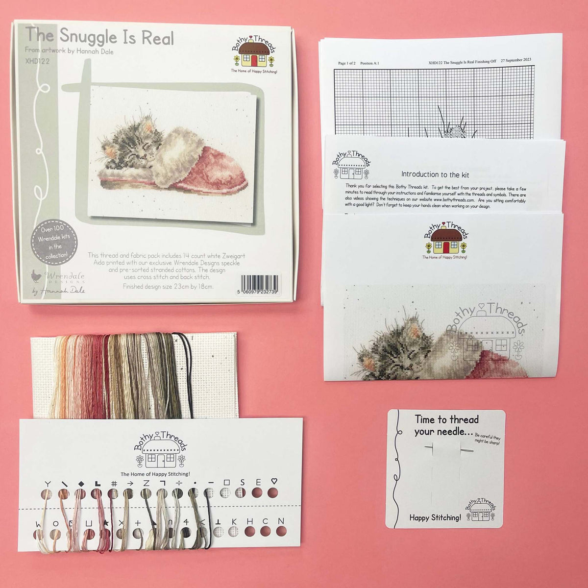 The Snuggle is Real Bothy Threads cross stitch kit with Wrendale Designs Aida fabric and cotton threads