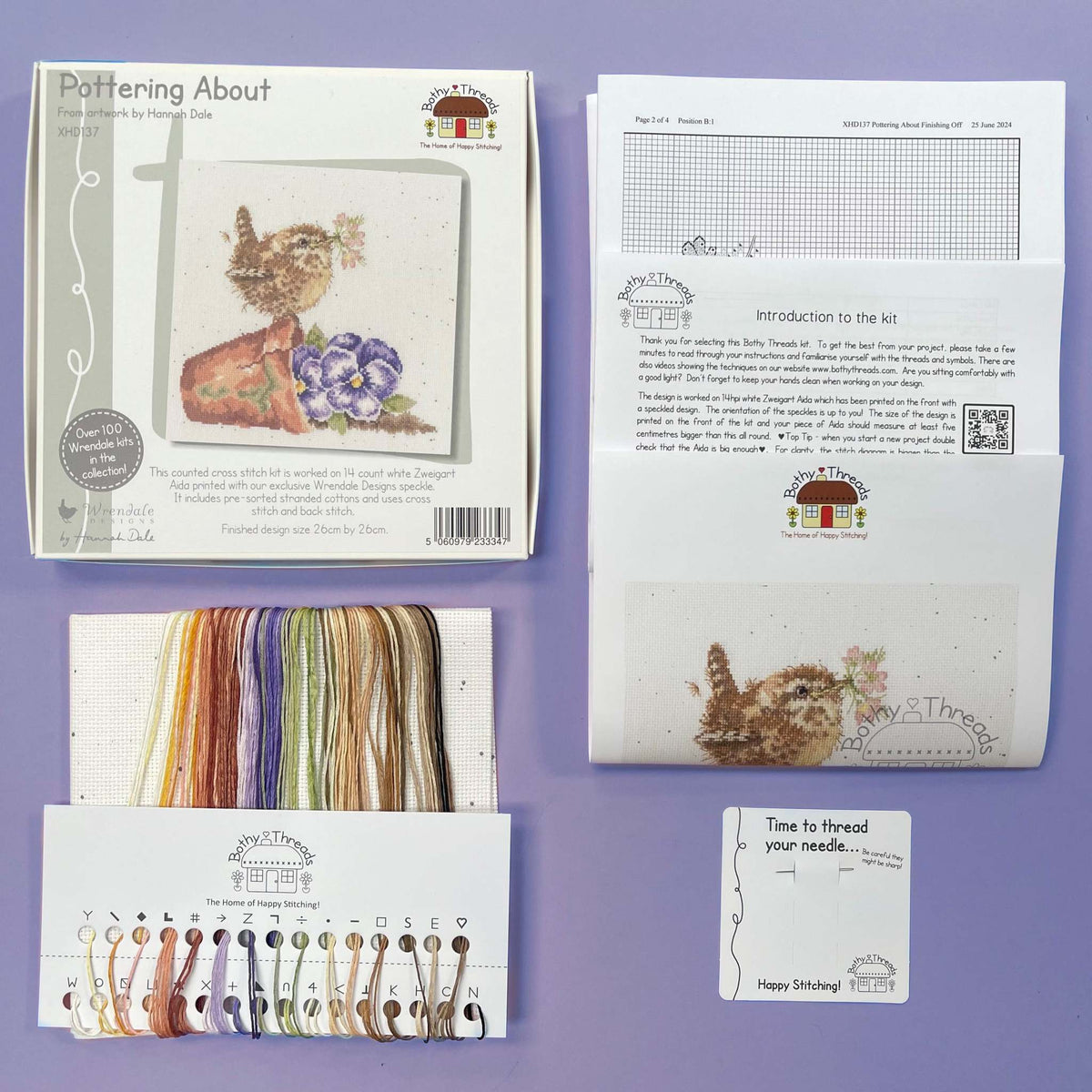 Pottering About Cross Stitch kit by Bothy Threads with printed Aida, cottons, needle, and instructions
