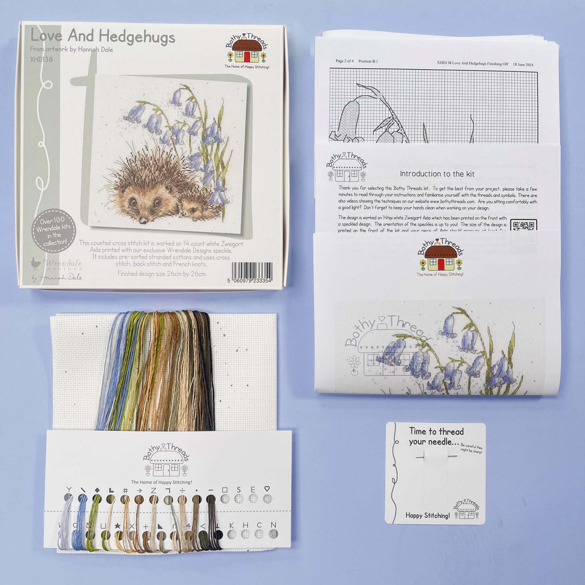 Love and Hedgehogs counted cross stitch kit by Bothy Threads featuring hedgehog design on speckled Aida fabric